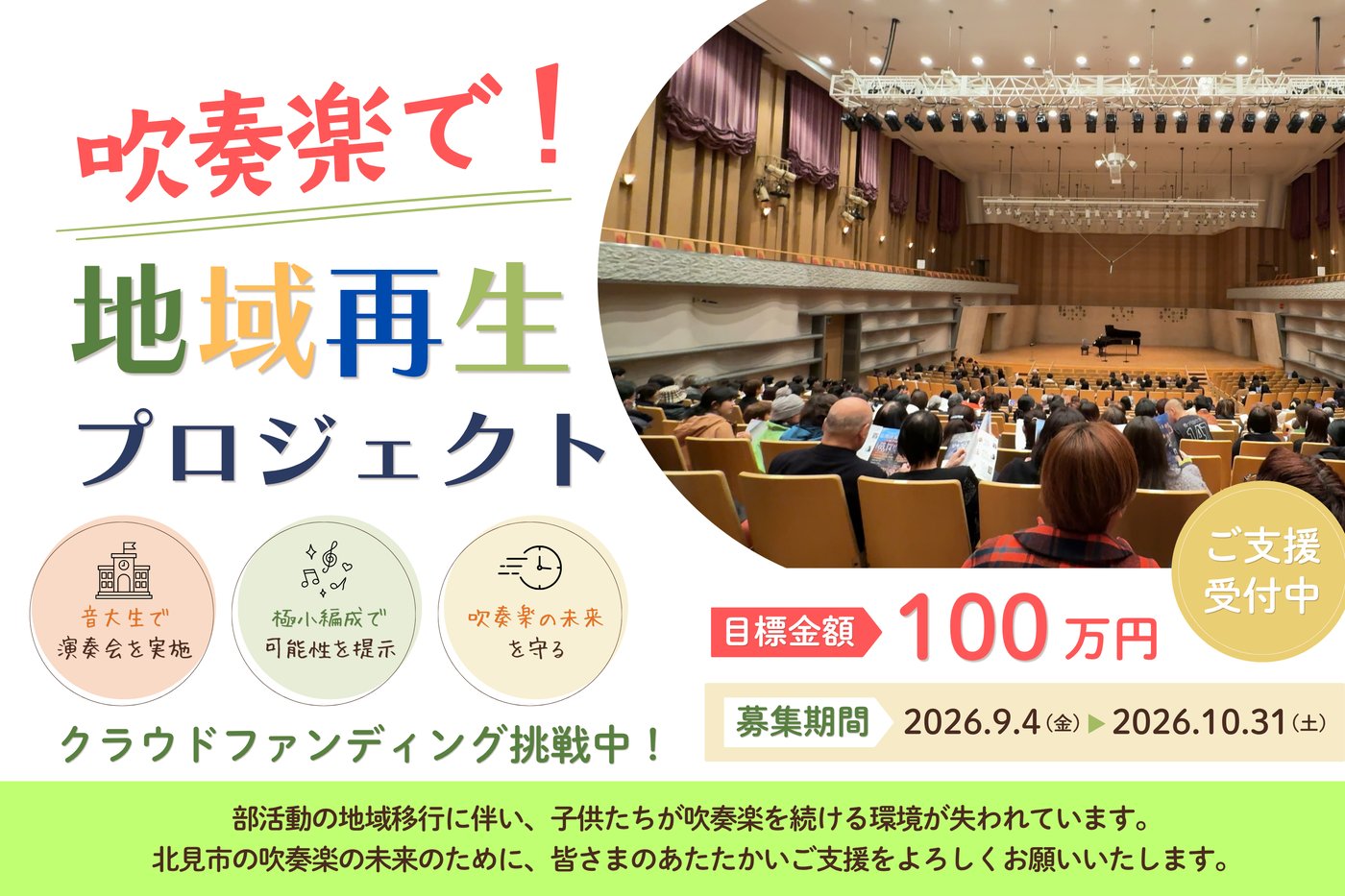 「吹奏楽で地域再生プロジェクト」クラウドファンディング告知バナー。目標金額100万円、募集期間2026年9月3日（木）〜10月31日（土）。